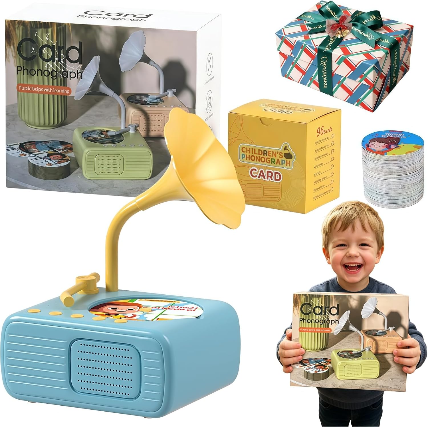 Kids Phonograph with 96 Cards + 8 Recordable Cards, Toddler Card Phonograph, Screen-Free Audio Story Machine, Personalized Gift for Boys Girls Ages 3+(Blue)