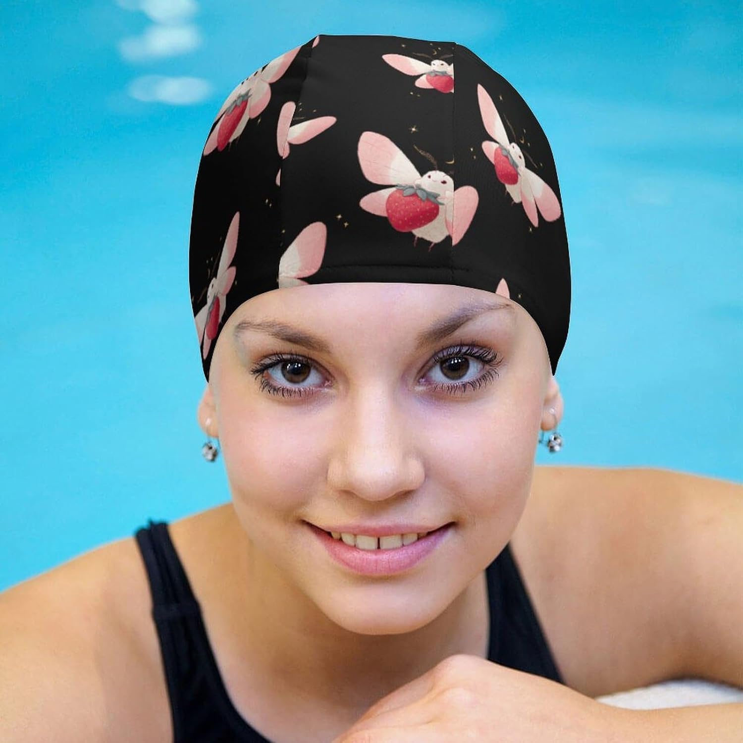 Cute Moth with A Strawberry Womens Swim Cap for Men Adult Swimming Hat Curly Short Medium Long Hair