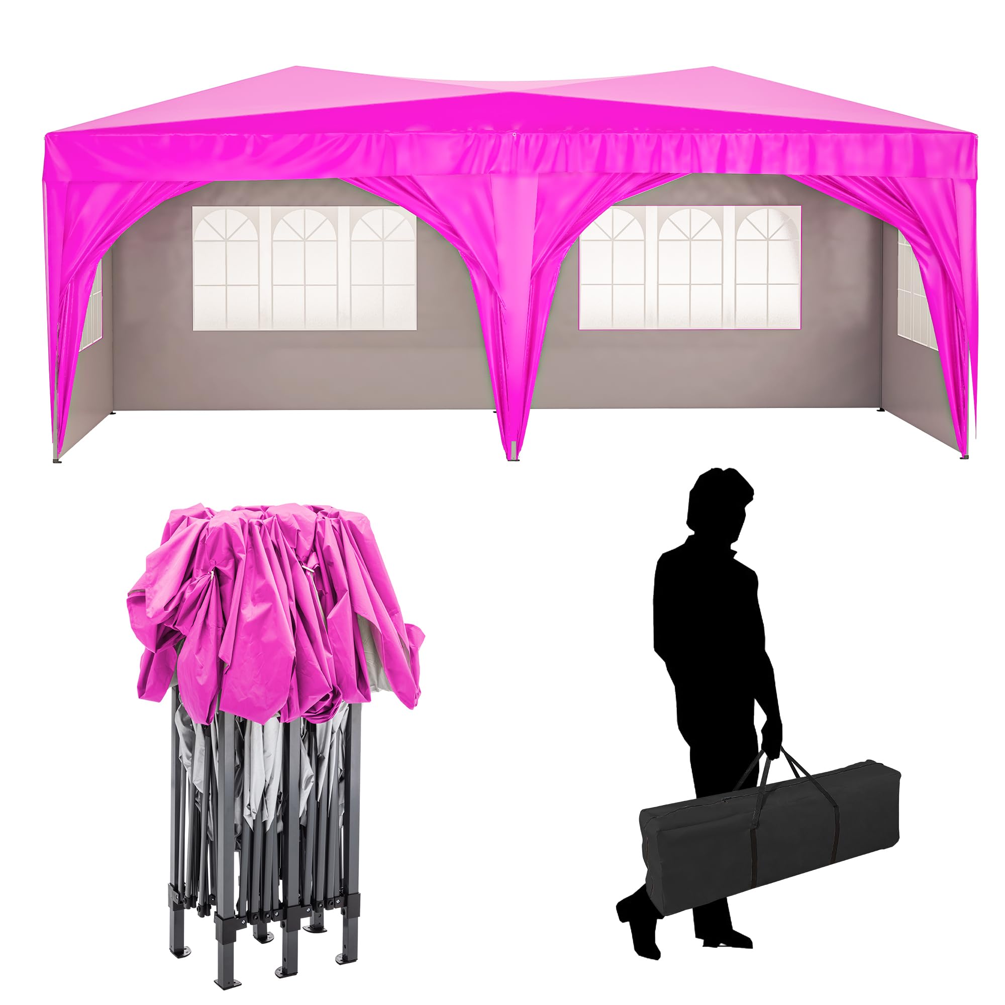 10x20 FT Canopy Tent Pop up Canopy Gazebo Outdoor Portable Shelter Instant with Windows with Removable Sidewalls for Party, Wedding, Event, Patio, Backyard, Beach, Camping (Pink)