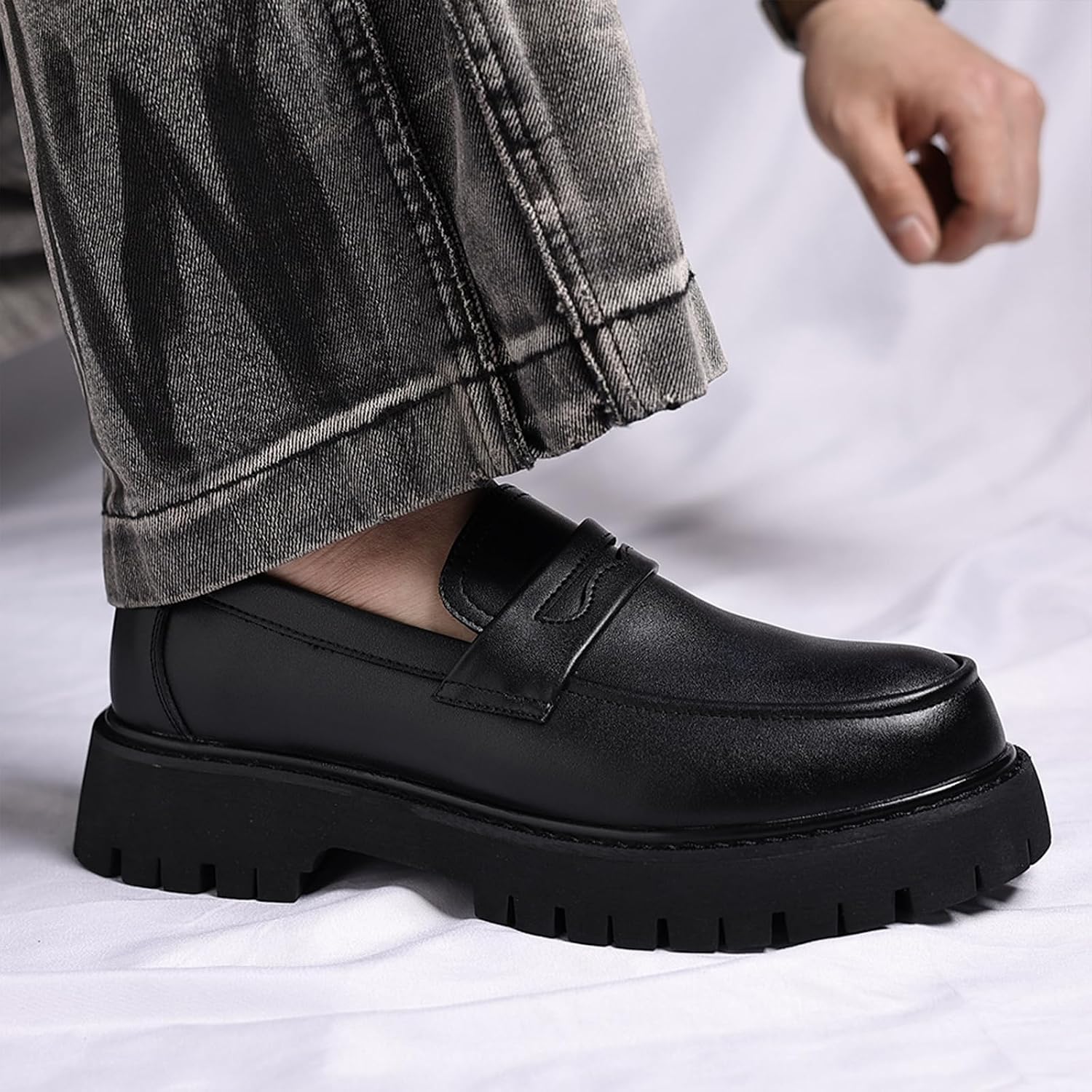 Men's Soft Leather Platform Chunky Loafers, Fashionable Business Casual Penny Dress Shoes, Non-Slip Lug Sole Slip-on Loafers