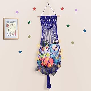 Stuffed Animal Hammock w/LED Star Light, 63 Inch Jumbo Toy Hammock Wall Hanging Plushie Net Holder for Boho Nursery Teddy Decor, Navy Blue Stuffed Animal Storage Organizer for Kid Girls Boys Gift