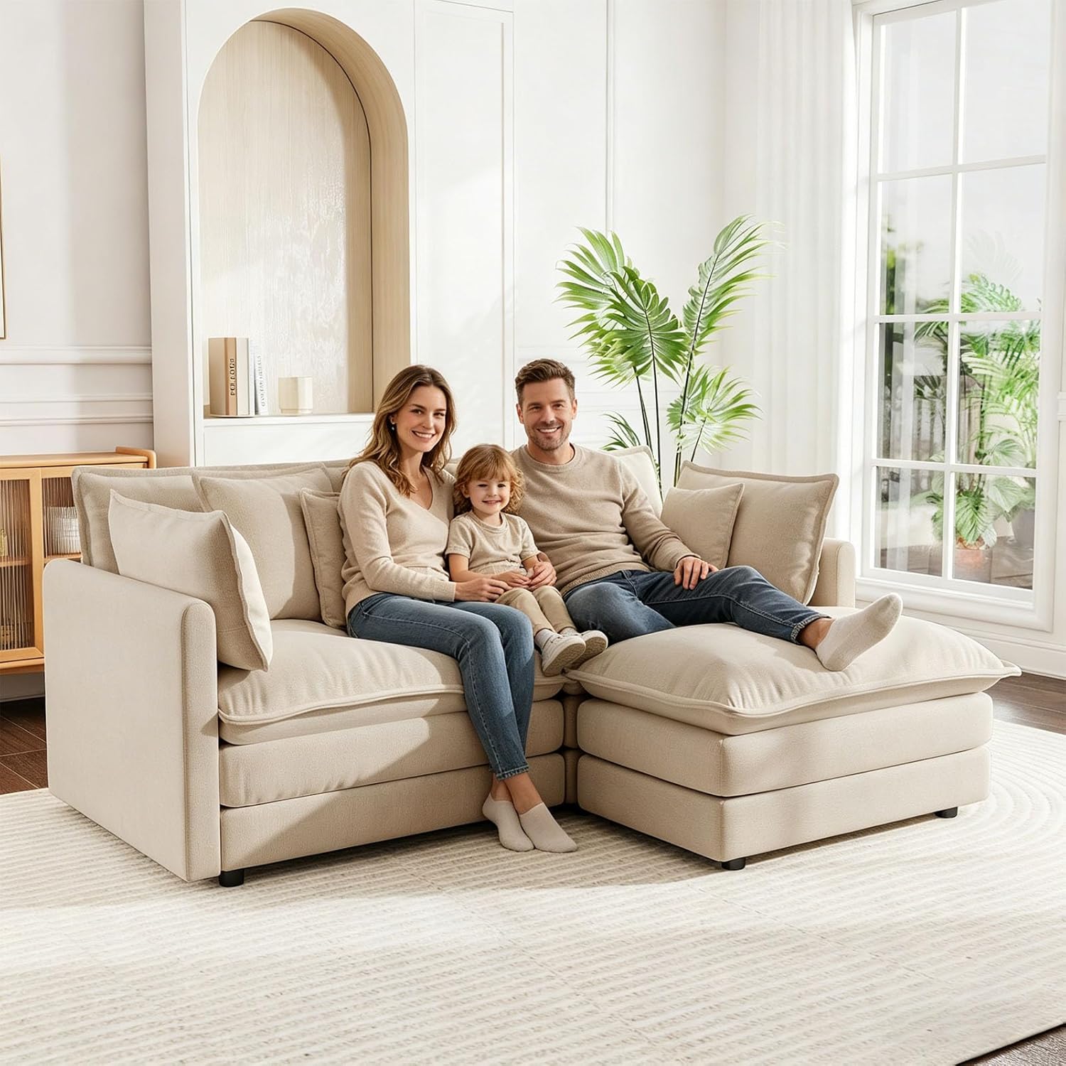 GNIXUU 76.7" Cloud Sofa Couch, Modern Chenille Deep 2 Seater Loveseat with Ottoman, Comfy Modular L Shaped Couches for Small Living Room, Apartment, Studio, Office, Camel | Movable ottoman, Easy to maintain, 4 Pillows