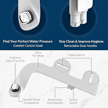 Bio Bidet SlimEdge 2 Pack Bidet Attachment for Toilet, Non Electric, Self Cleaning Dual Nozzles for Front and Rear Cold Water Wash, Adjustable Water Pressure, Ultra Thin Design, White