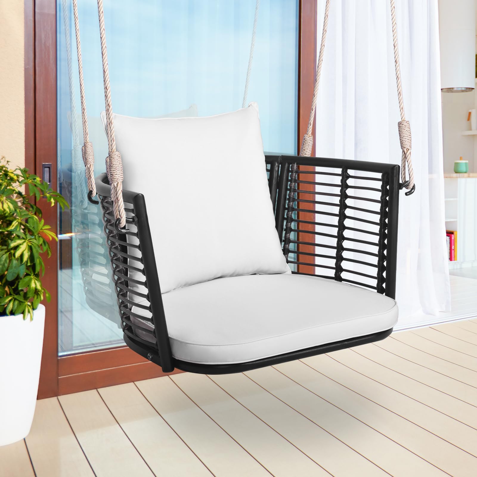 COSTWAY Altalena da Giardino in Rattan PE, con Cuscino (Bianco)