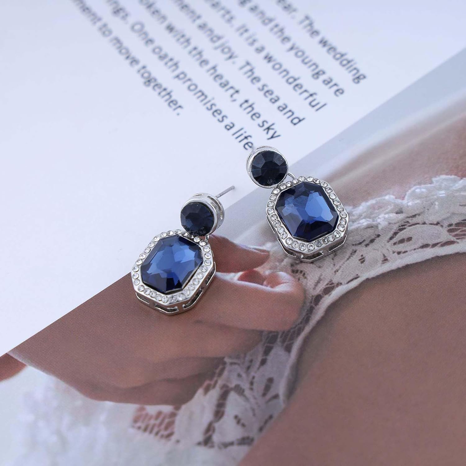 Vintage Sapphire Square Earrings Blue Cz Crystal Dangle Earrings Square Sapphire Drop Earrings Geometric Blue Rhinestone Earrings Jewelry for Women - Image 3