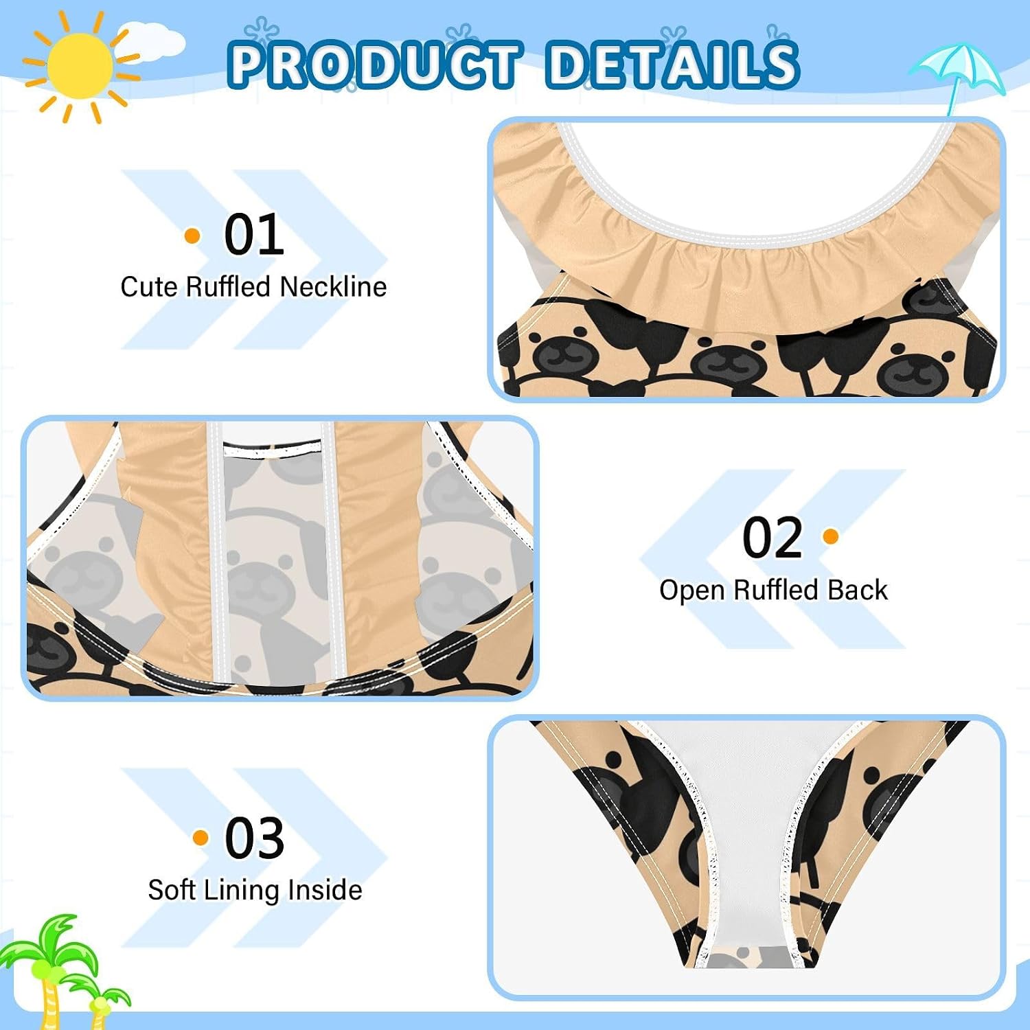 visesunny Girls One Piece Swimsuits Ruffle Swimwear Cute Pug Dog Cartoon Bathing Suits for Girls 3-6Y