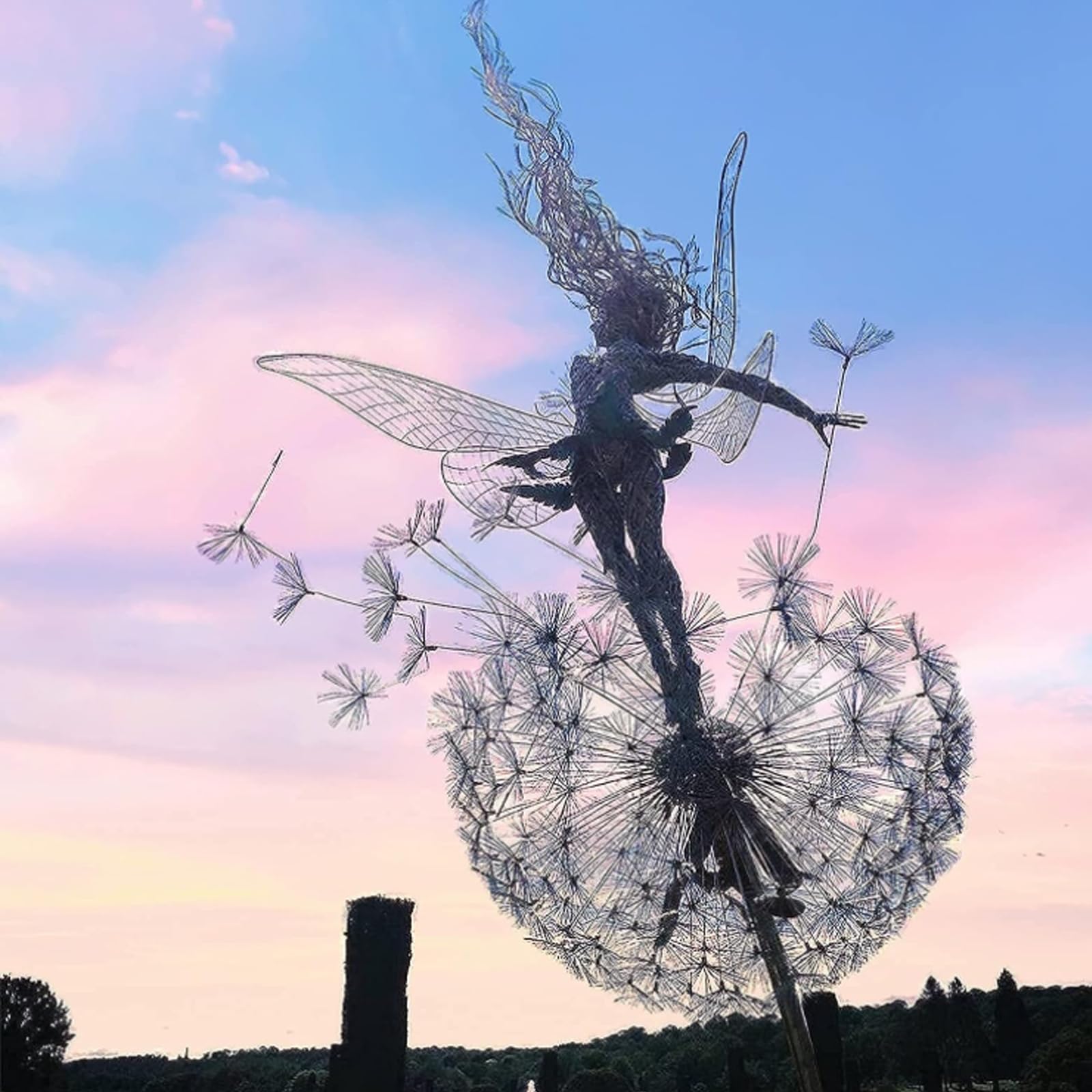 Garden Silhouette Ornament,Wire Magic Fairy,Dramatic Fairy Dandelions Dances Together Sculptures,Metal Art Elf Silhouette Indoor Outdoor Lawn Pathway,A