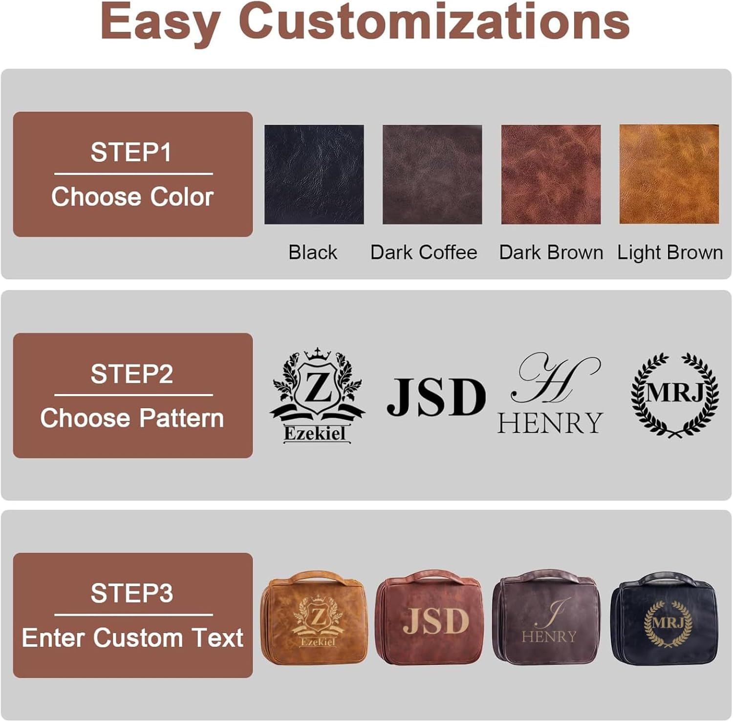 3-in-1 Personalized Toiletry Bag For Men, Waterproof PU Leather Travel Dopp Kit, Large Hanging Travel Organizer Bag, Gifts for Dad, Hubby, Boyfriend, Bridegroom, Groomsmen, Father's Day (Style 3)