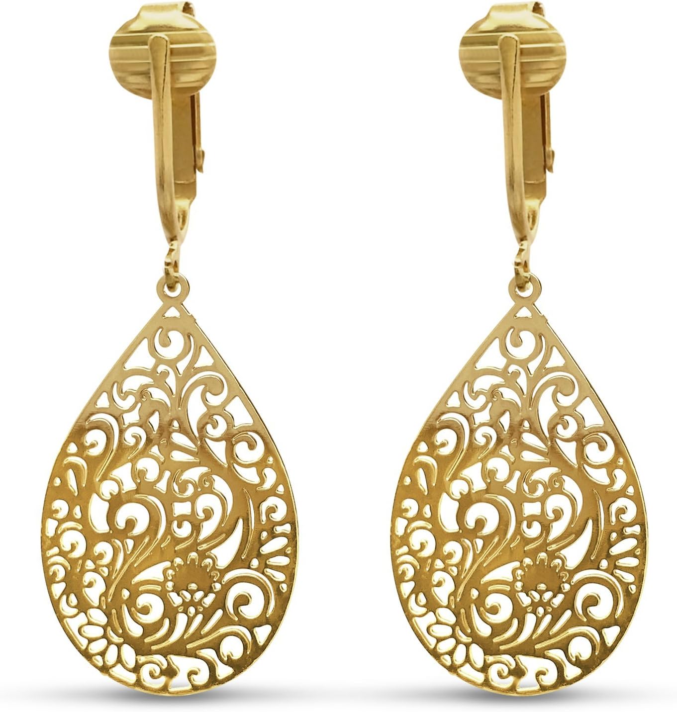 Aloha Earrings Small Victorian Filigree Teardrop Non Pierced Clip On Dangling Earrings