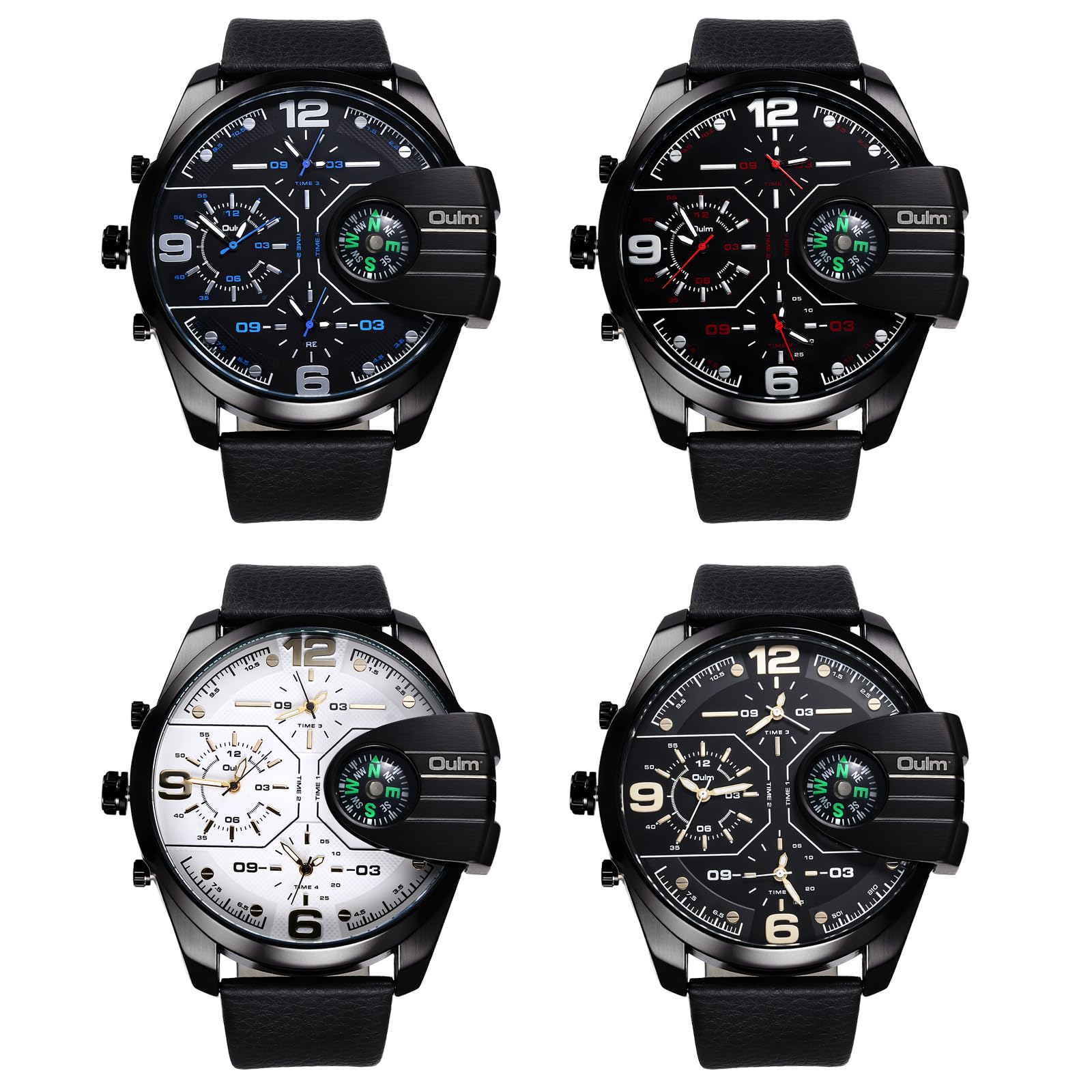 JewelryWe Zegarek męski, duże zegarki z 3 strefami czasowymi: 4 sztuki, męski analogowy zegarek kwarcowy z trzema mechanizmami zegarowymi, czarny, ponadwymiarowy cyferblat, zegarek sportowy z PU