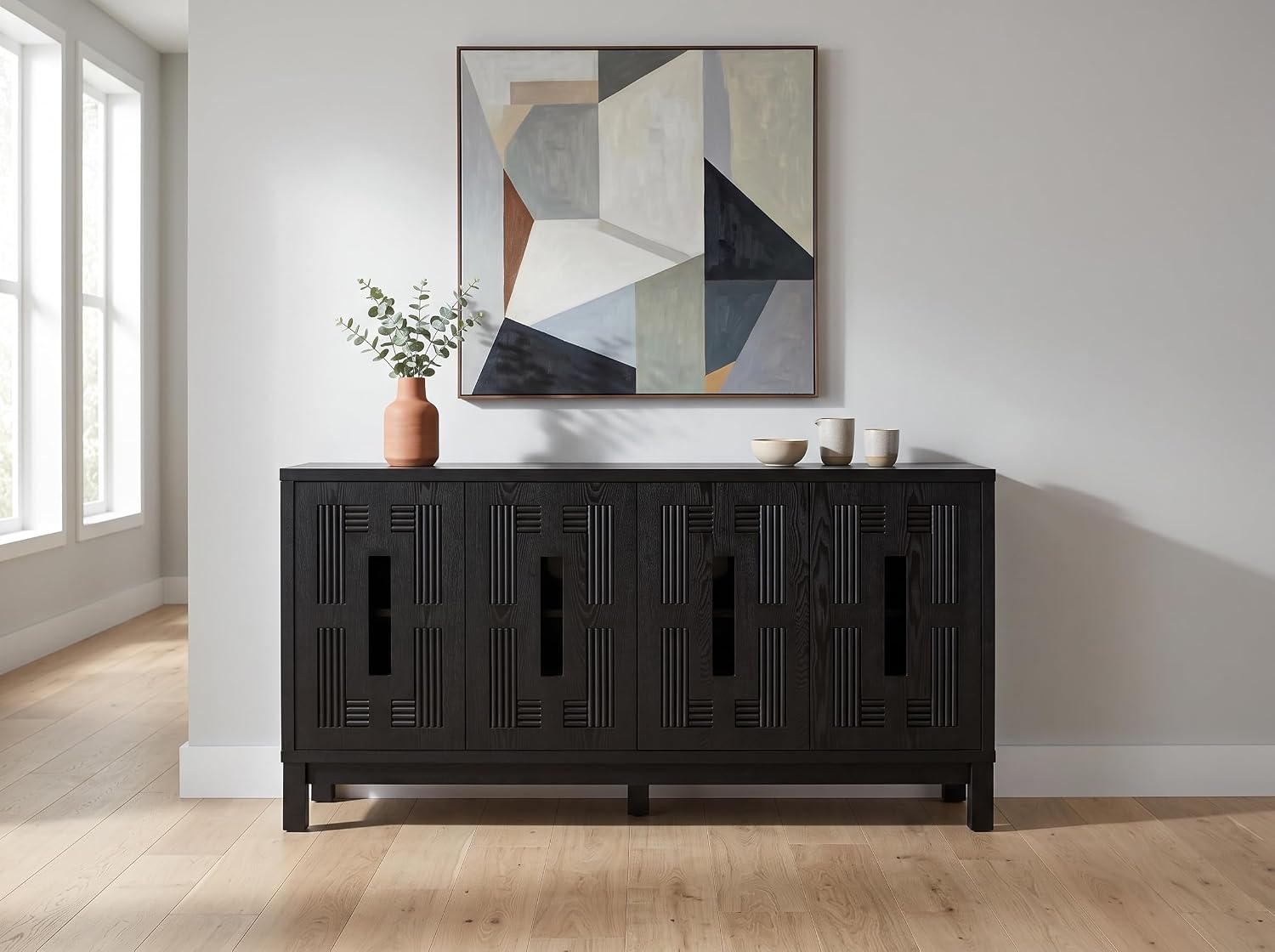 61" Mid Century Black Buffet Sideboard, Modern TV Stand with Doors