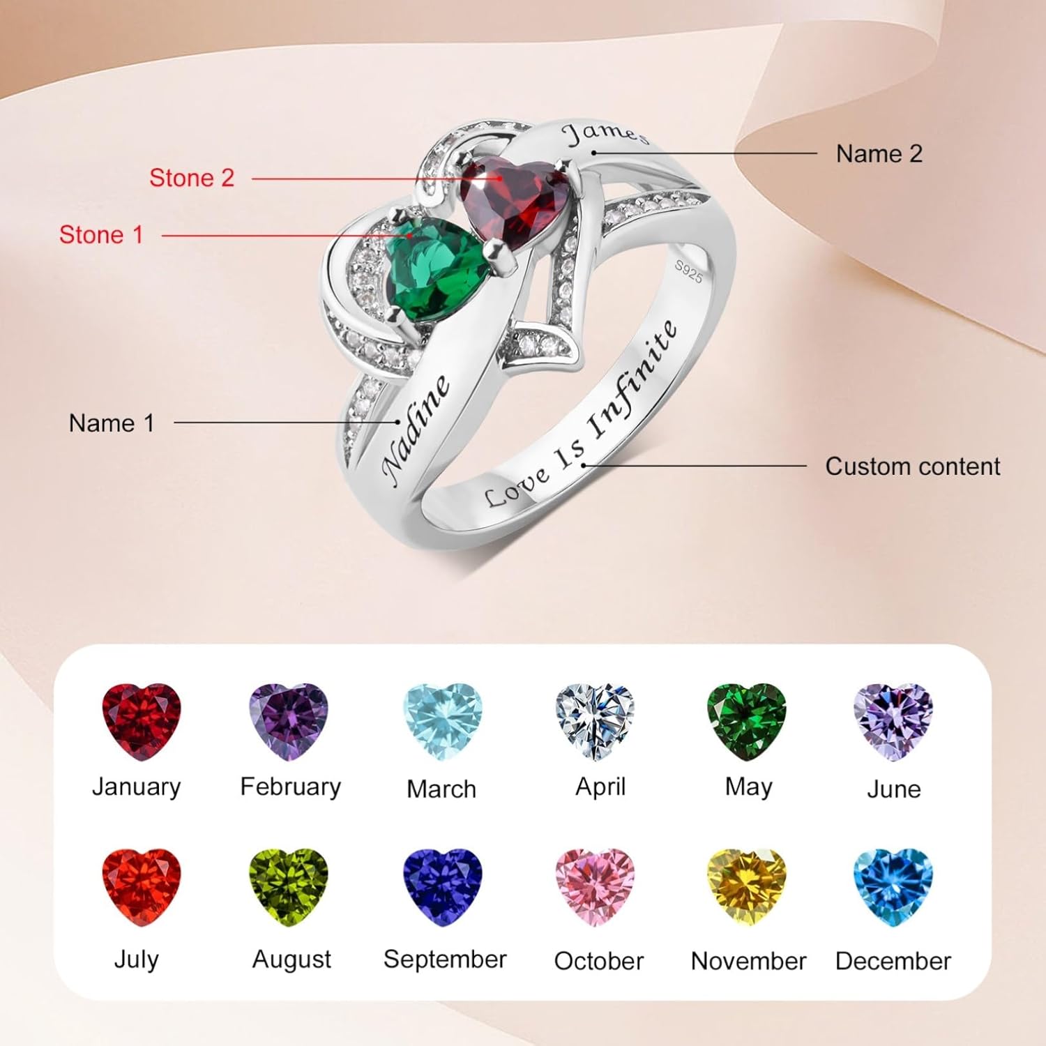 Custom Name Ring for Her Birthstone Ring 925 Sterling Silver Anniversary Rings Name Engraved Promise Ring for Couple Lover Bride Birthstone Rings for Women