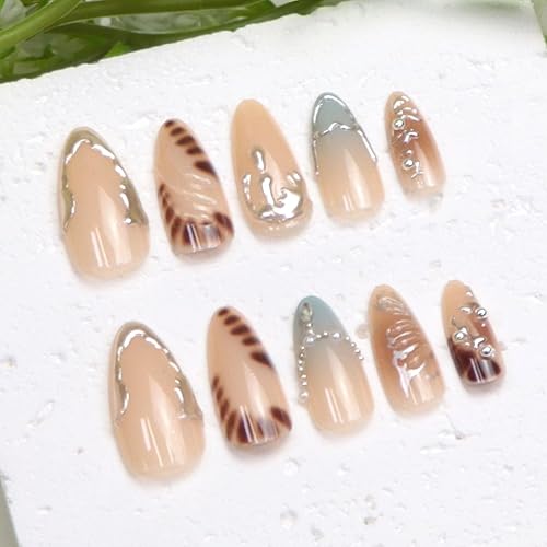 Miniatura 196 de Uñas postizas medianas a presión con lazos 3D, diseño de diamantes de imitación, punta francesa, pegamento brillante en las uñas acrílicas blancas