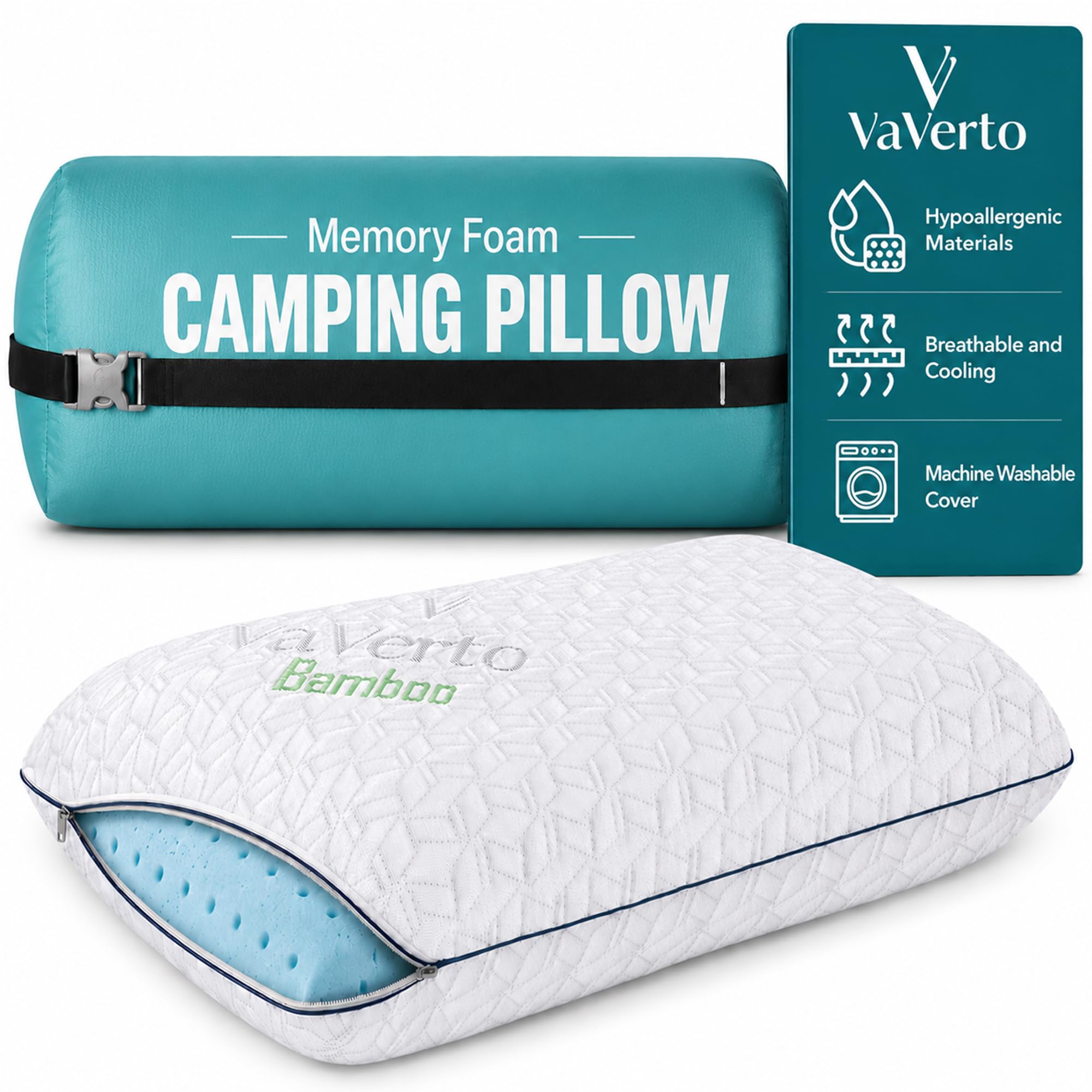 Vaverto Travel and Camping Pillow - Compressible Medium Firm Memory Foam, Breathable Bamboo Cover, Machine Washable, Ideal for Backpacking, Airplane, Car Travel