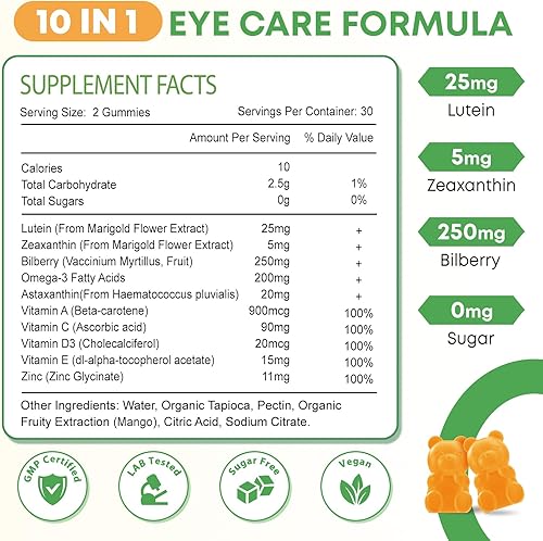 Miniatura 7 de Gomitas de luteína de 25 mg, suplementos de luteína y zeaxantina sin azúcar, suplemento de salud ocular para adultos, vitaminas oculares luteína