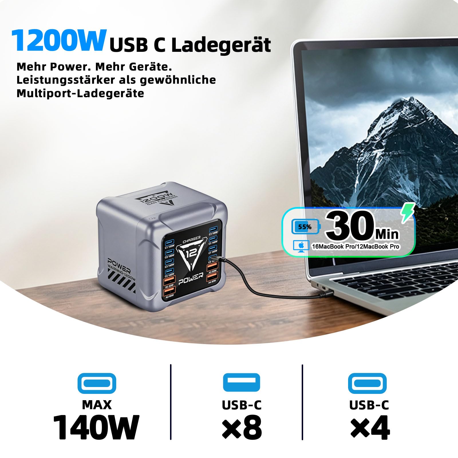 1200W USB C Ladegerät Mehrfach, 12 Ports GaN Laptop Schnellladegerät Ladestation Max PD140W/QC60W (8C+4A) Kompatibel mit MacBook Pro/Air, iPad, iPhone, HP, Galaxy S25 usw (Grau)