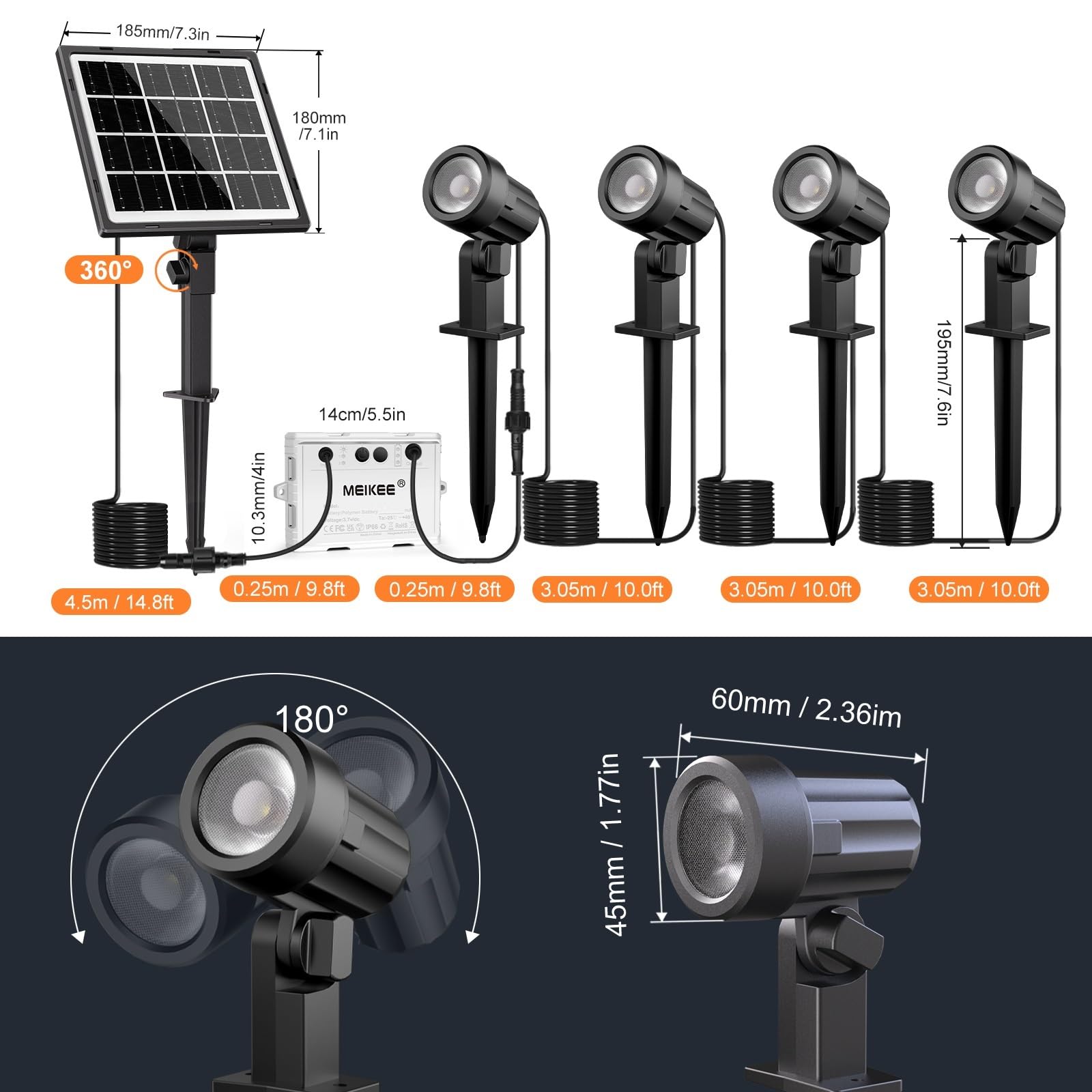 MEIKEE Reflektory słoneczne na zewnątrz, 2700 K, ciepła biel, 3 jasność, 2 tryby dynamiczne, solarne oświetlenie ogrodowe, 6000 mAh, wodoszczelność IP66, idealny do ogrodów, patio, tarasów, drzew