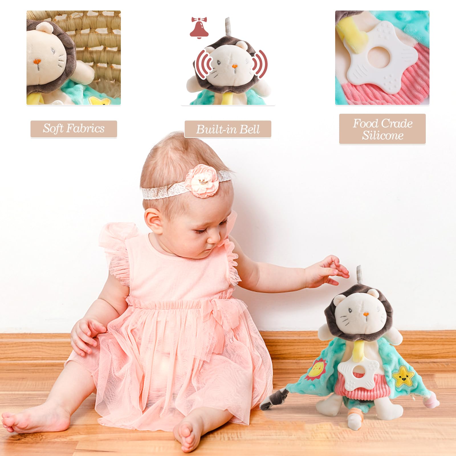 Youuys 8 in 1 Regalo per Neonati, Regalo per Bambini e Bambino, Regalo di Compleanno per Bambino, Regalo di Natale, con Musellina di Stoffa+Panno Cotone+ Sonaglio+Cartolina Regalo (Leone)