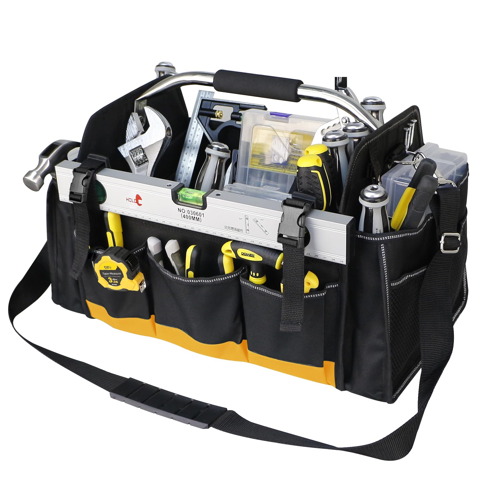 18 Inch Open Top Tool Bag, Tool Bags for Men with 30 Pockets, 1680D Waterproof Fabric, Foldable Electrician Tool Bag with Rotating Handle, Reflective