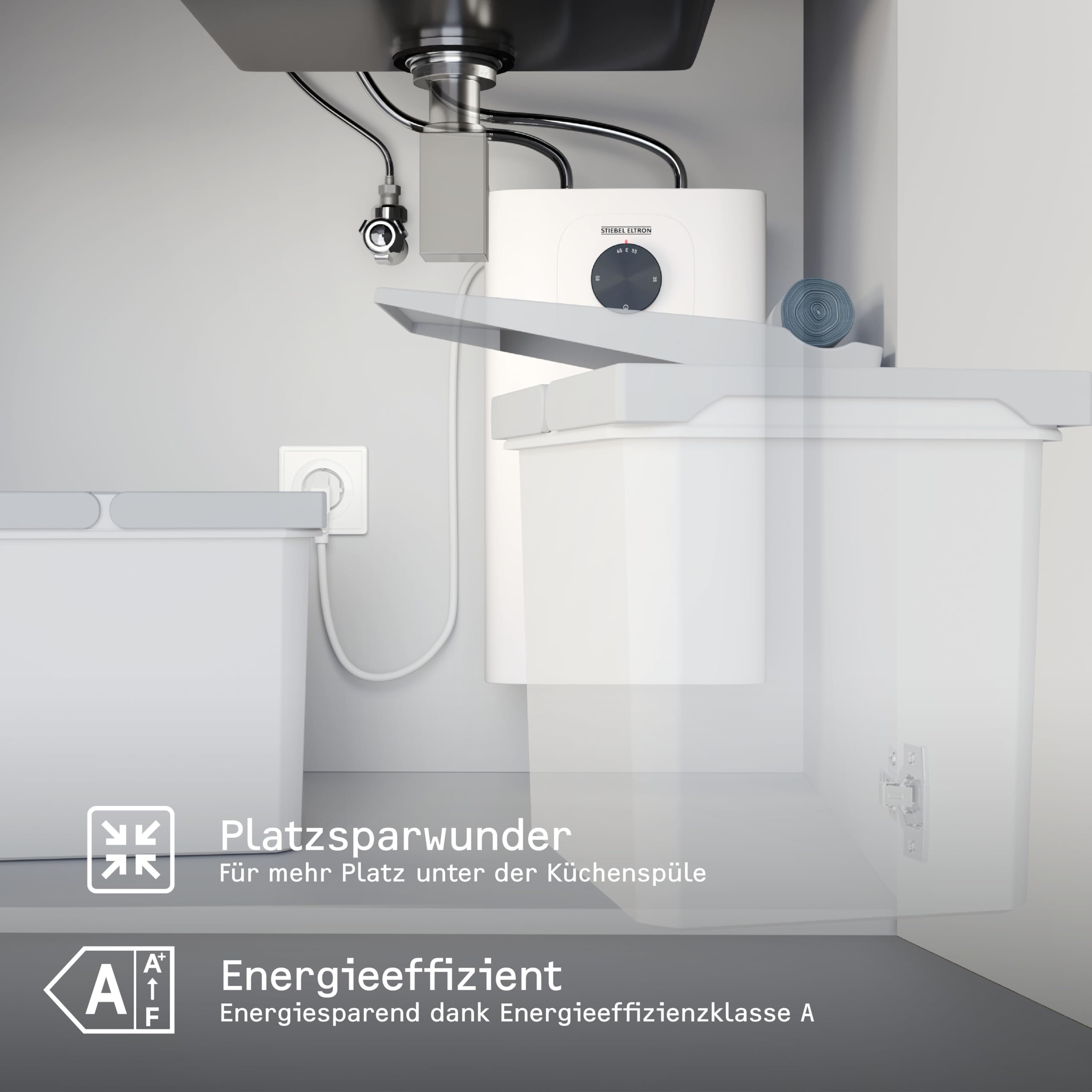 Najnowsza generacja: Stiebel Eltron SNU 5 Plus, bardzo kompaktowy, funkcja zapobiegająca kapaniu, termostop, bojler pod stołem 5 litrów niskiego ciśnienia z wtyczką, 2 kW, 204972