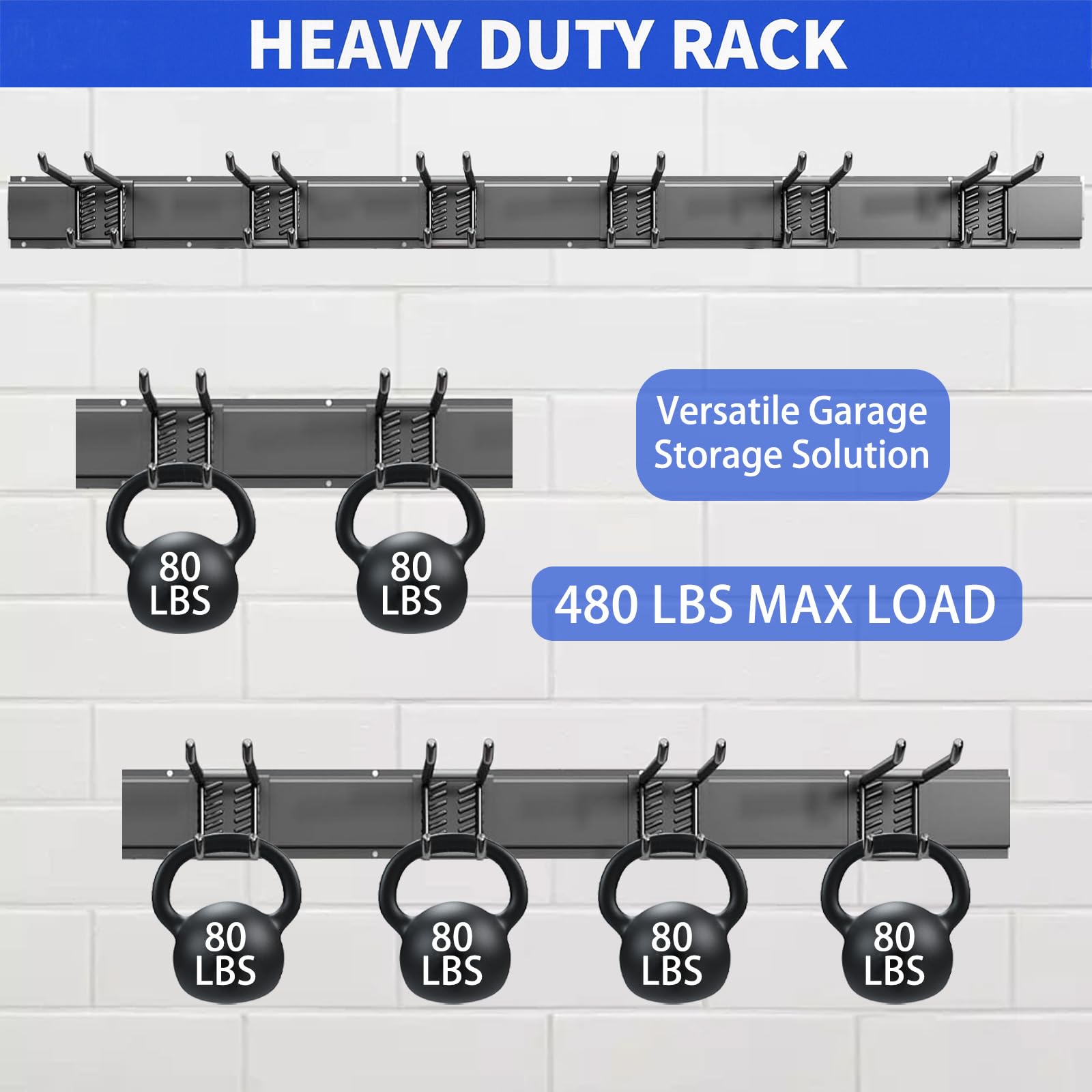 Garagen-Werkzeug-Organizer, Wandhalterung, 121,9 cm, robustes Gartenwerkzeug-Organizer, Aufbewahrungssystem, einfache Installation mit 6 verstellbaren Doppelschichthaken, für Garage, Keller