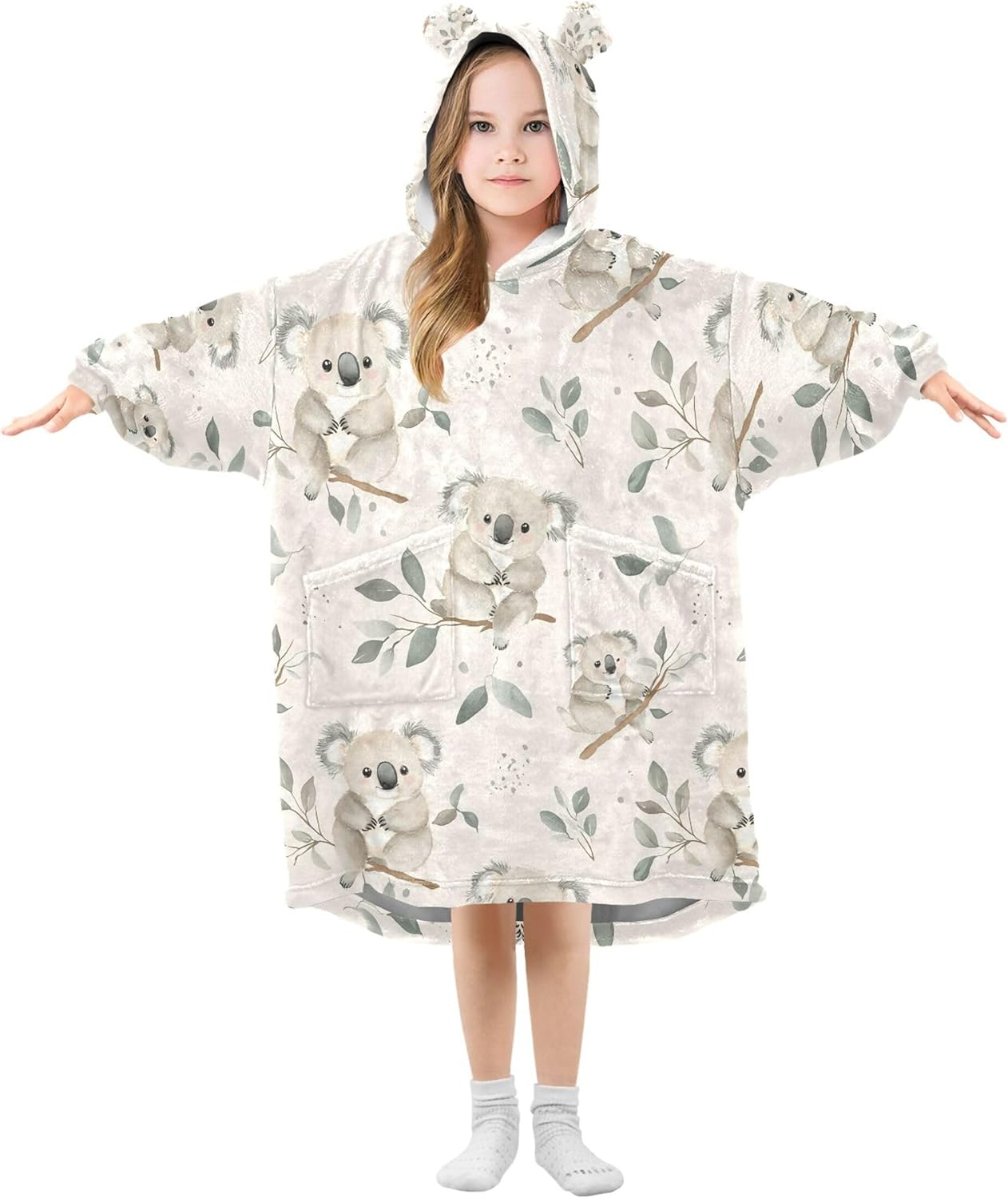 Cute Koala Kids Wearable Blanket Hoodie with Pocket and Sleeves for Toddlers, Cute Hoodies Girls Boys B0404140
