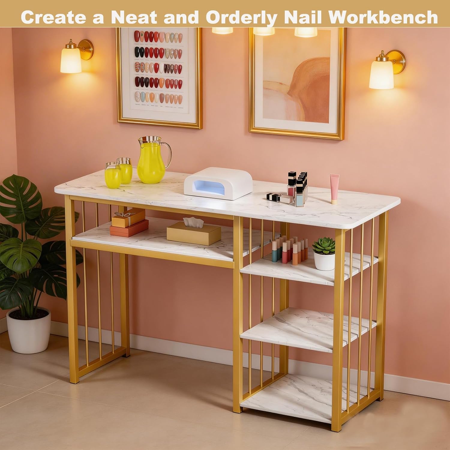 Nail Desk for Nail tech, Manicure Table Nail Technician Station, Marbling Texture Beauty Table with Open Shelves for Beauty Salon Home Spa (White)