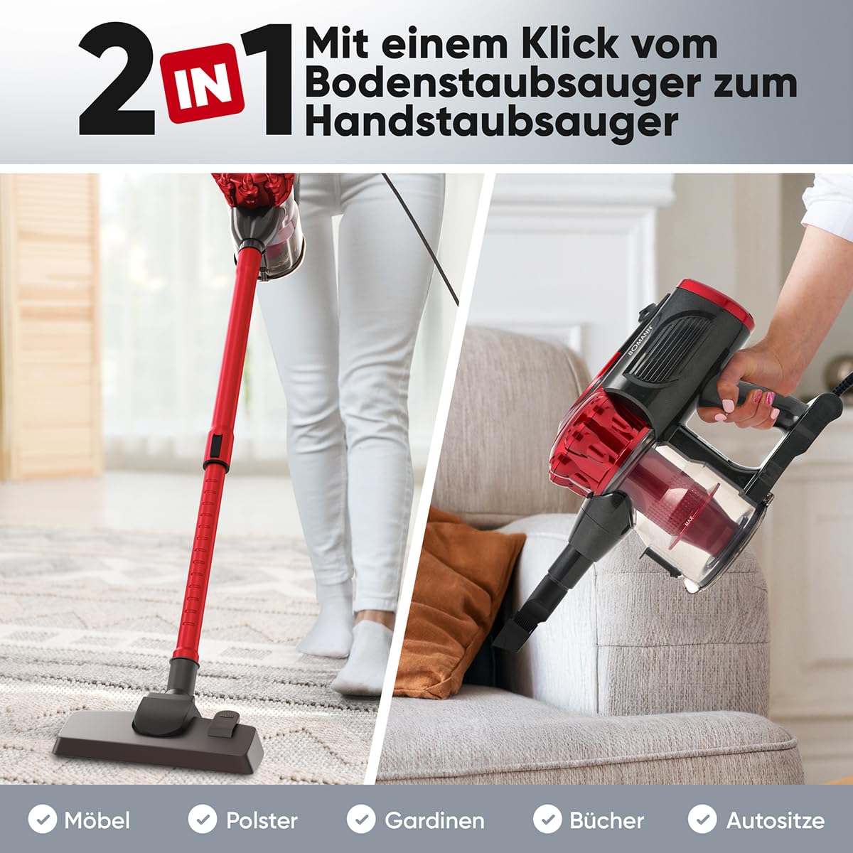 Bomann BS6072CB - Aspirador de Mano y Escoba (600 W, tecnología de Filtro HEPA, Tubo telescópico 47-77 cm, Accesorios incluidos, Ideal para Suelos y Muebles