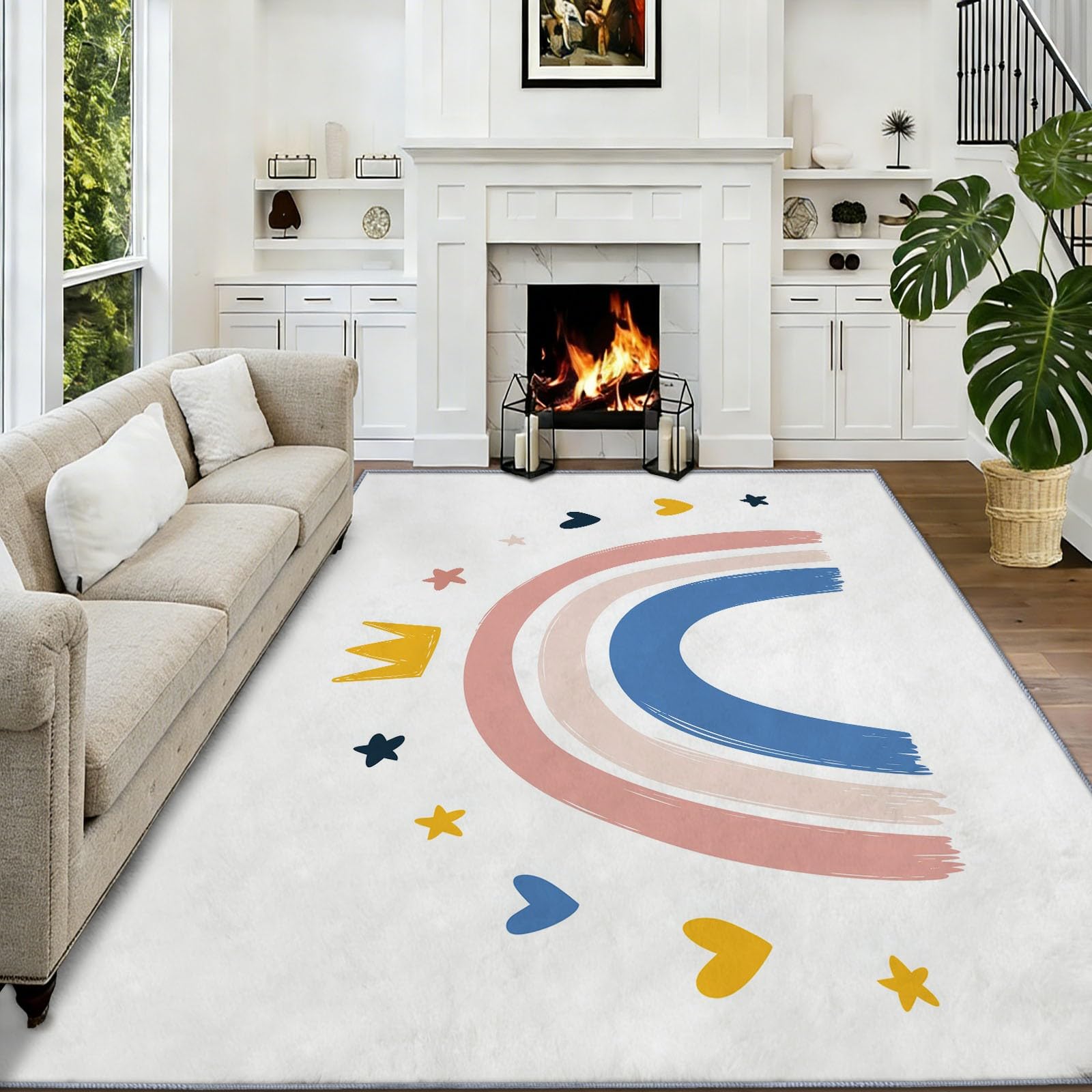 Böhmisch Teppich Waschbar Regenbogen-Herzen Sterne Teppich 100 x 160 cm, Weiche Niedriger Teppiche rutschfest Waschbar Pflegeleicht Teppiche Für Wohnzimmer Schlafzimmer Küche