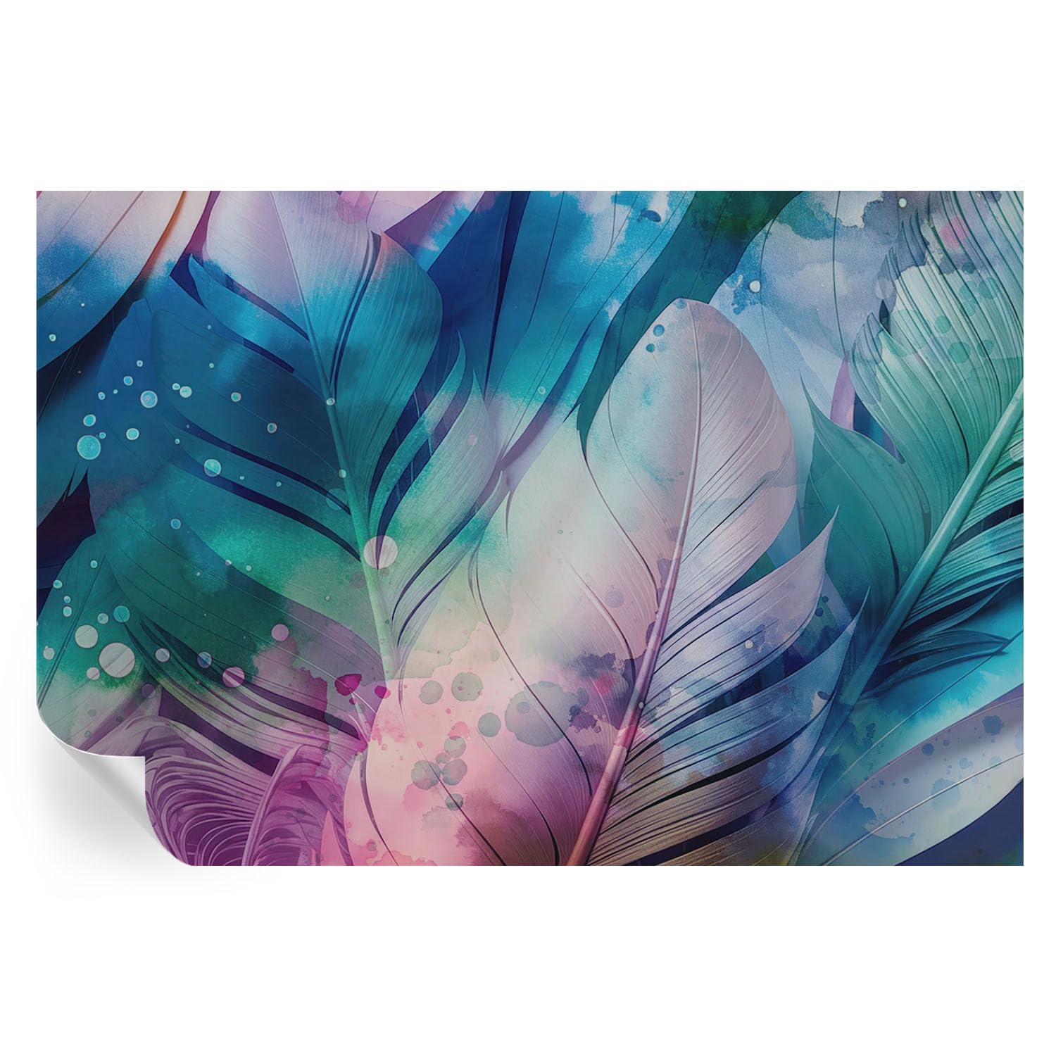 Murales de plumas coloridas para decorar un salón grande con vinilos autoadhesivos modernos