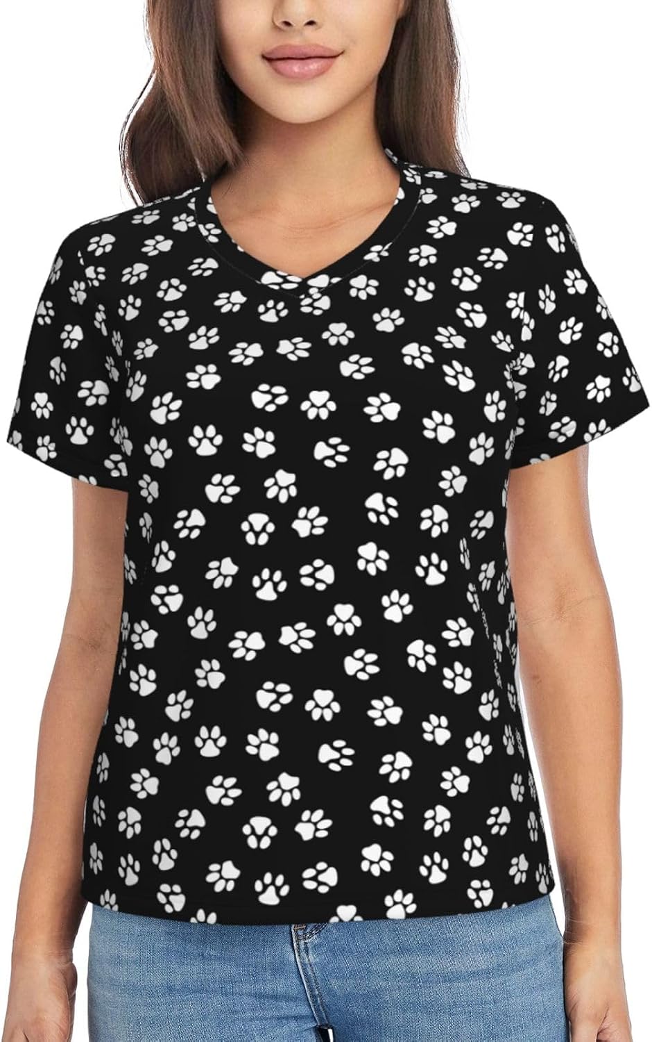 Womens Paw Print Print Short Sleeve V Neck T-Shirts Casual Breathable Tee Basic Summer Tops 2026