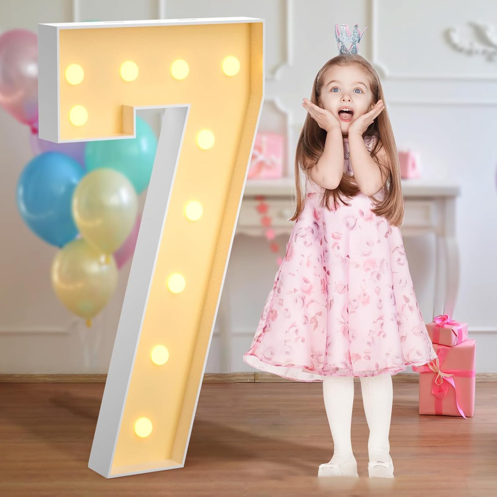 Wedding Marquee Light Up Number 7, LED Numbers Light for Birthday Decor Marquee Numbers Pre-Cut Frame Mosaic Numbers for Anniversary Party DIY Deco, 120cm/4FT
