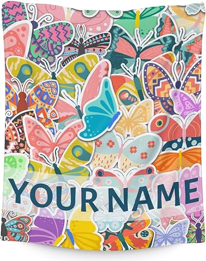 Personalized Butterfly Blanket Gifts with Name - 60"x80" Cute Throw for Women, Girls - Colorful Soft Fuzzy Blankets for Bed, Couch & Living Room