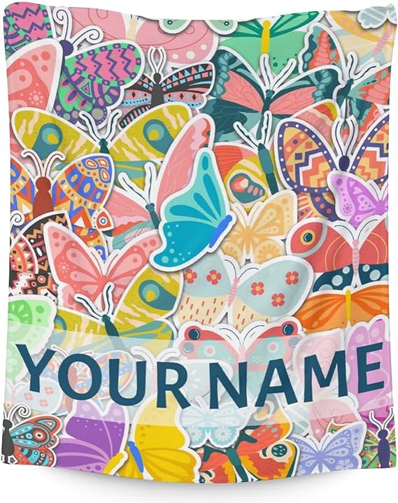 Personalized Butterfly Blanket Gifts with Name - 60"x80" Cute Throw for Women, Girls - Colorful Soft Fuzzy Blankets for Bed, Couch & Living Room