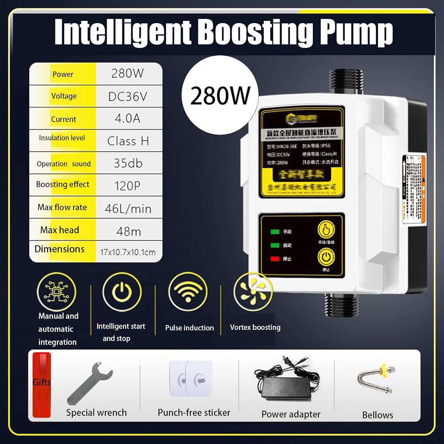 Automatic Start Shower Booster Pump, Home Hot And Cold Water Pressure Booster Pump, Waterproof Circulation Pump for Sprinklers Shower Kitchen Garden