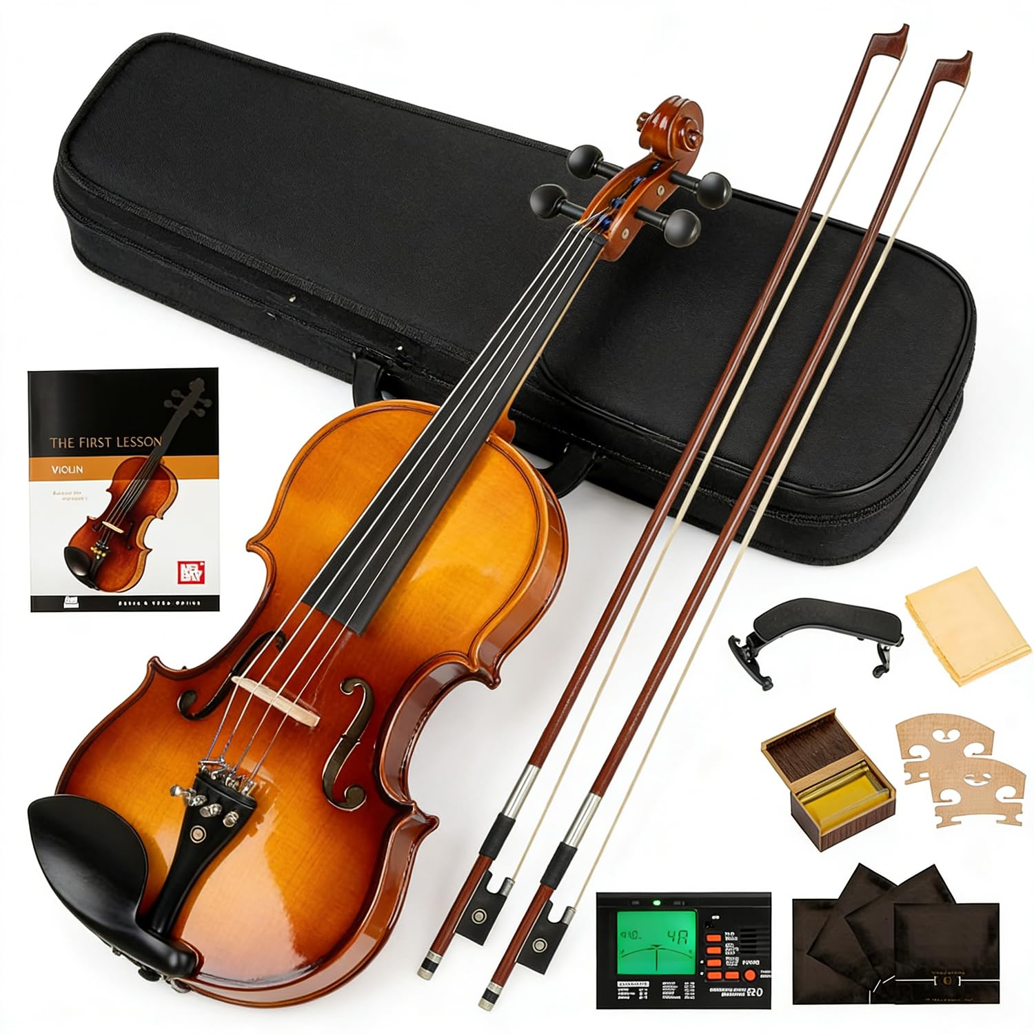 1/2 Geige für Anfänger – Komplett-Set mit Massivholz-Violine, Hartschalenkoffer, Bogen, Stimmgerät, Schulterstütze & Lehrbuch (Ideal für Kinder & Schüler)