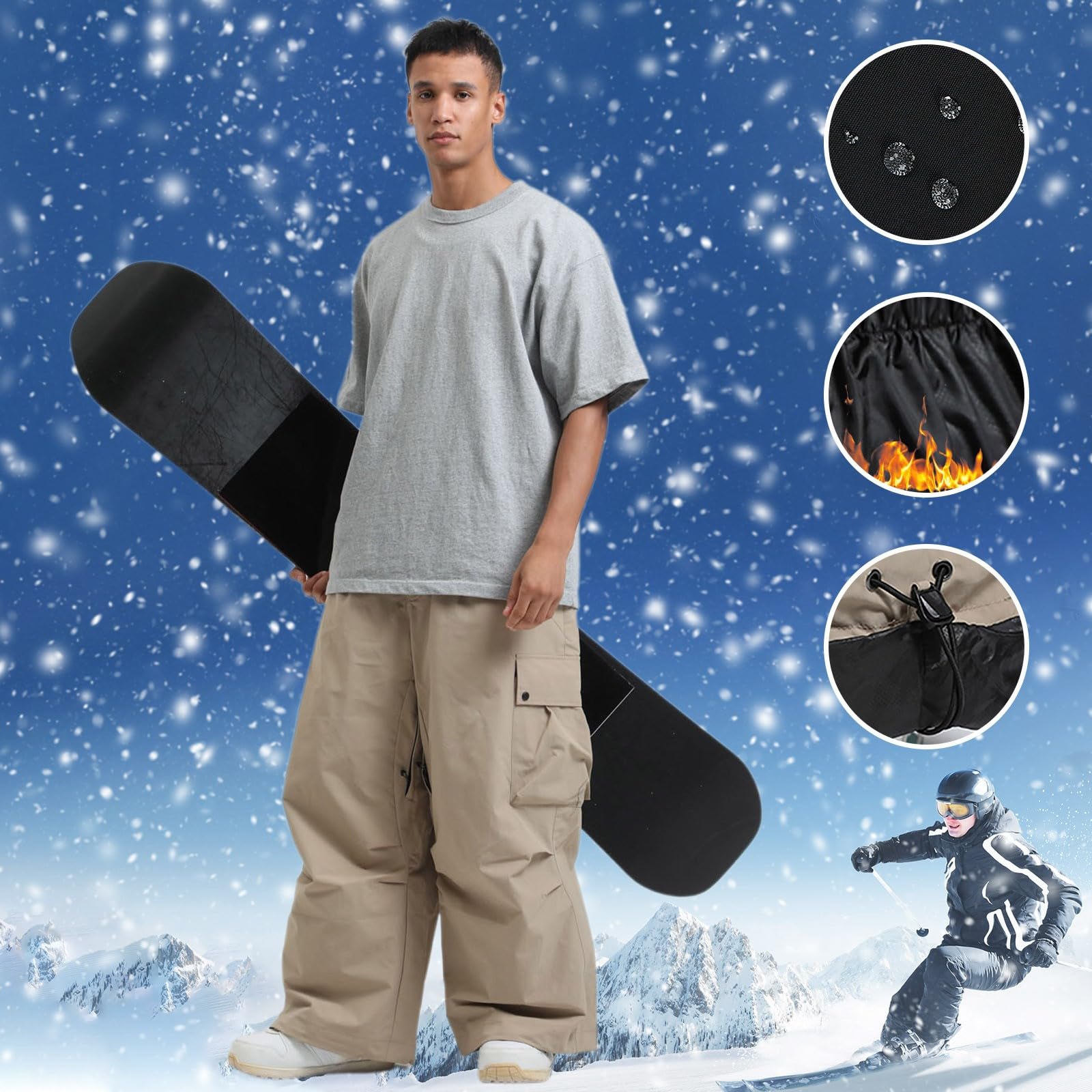 Generisch Pantaloni da snowboard da uomo, baggy, impermeabili, da sci, pantaloni cargo da neve, caldo isolamento, pantaloni da sci, pantaloni invernali, traspiranti, snowboard, pantaloni da neve