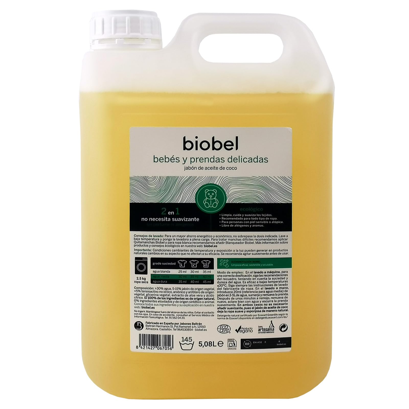 Biobel - Jabón de Aceite de Coco - 100% Natural - Limpia, Cuida y Suaviza los Tejidos - Ideal para Bebés y Pieles Sensibles - Con Extracto de Aloe Vera - Apto para Lavar a Mano o a Máquina - 5 L