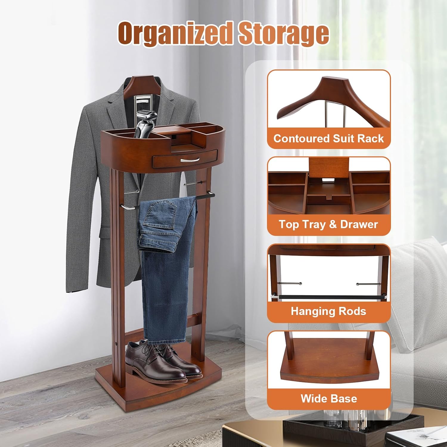 Suit Valet Stand, Freestanding Clothing Valet Stand with Drawer Top Tray, 10kg Load Capacity Wood Suit Rack, Mens Valet Stand with Base for Bedrooms, Living Rooms, Hallways, Foyers