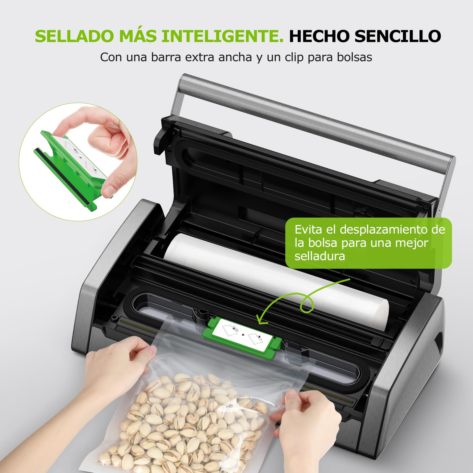 Bonsenkitchen Envasadora al Vacío, 15 L/min, con Clip Para Bolsas, Bloqueo de Asa y Cortador Integrado, Para Cocinar al Vacío y Preparar Alimentos, Sellado Rápido de Alto Rendimiento-VS5100