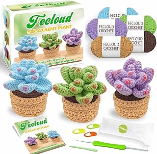 FECLOUD Crochet Knitting Kit for Beginners - 3Pcs Succulents, Step-by-Step Video Tutorials, Learn to Knit Kits for Adults Beginner