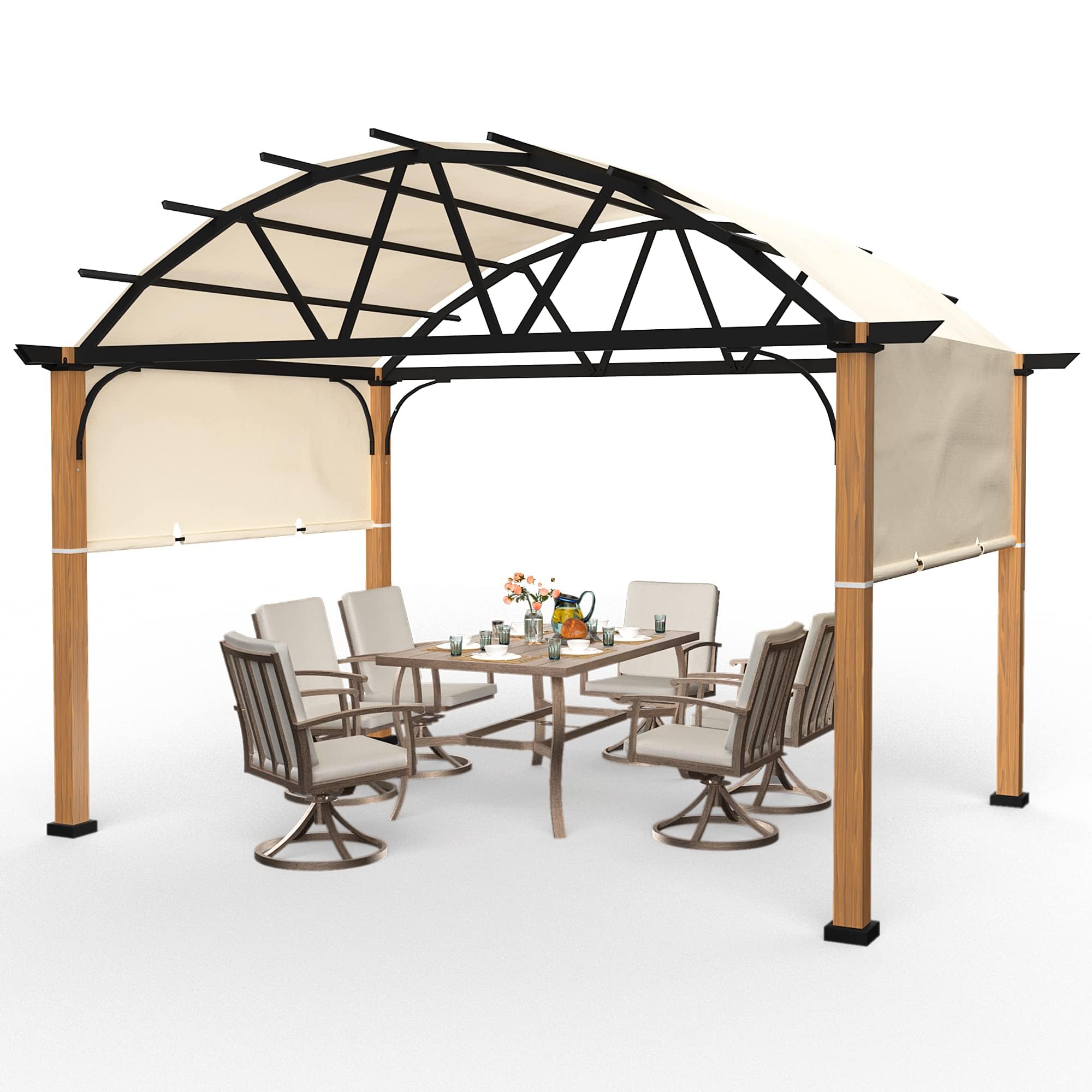 HAPPATIO 10' X 13' Outdoor Pergola with Sling Retractable Canopy, Wood-Like Aluminum Patio Pergola Shade for Patio, Backyard, Garden,Poolside