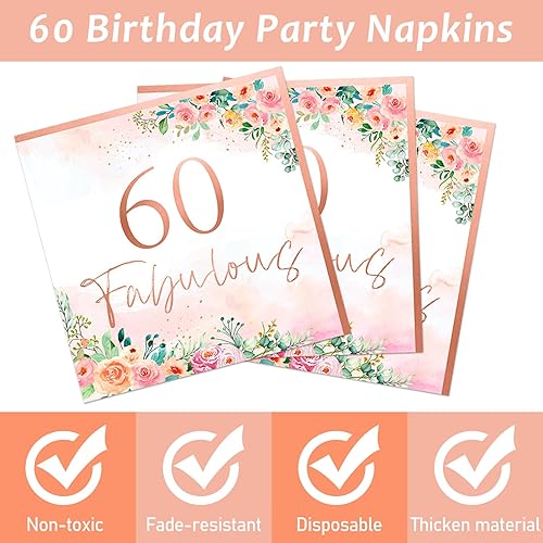 Miniatura 4 de 96 piezas de suministros para fiesta de 60 cumpleaños, 60 fabulosos platos de papel de cumpleaños de 60 años, servilletas y tenedores de oro rosa