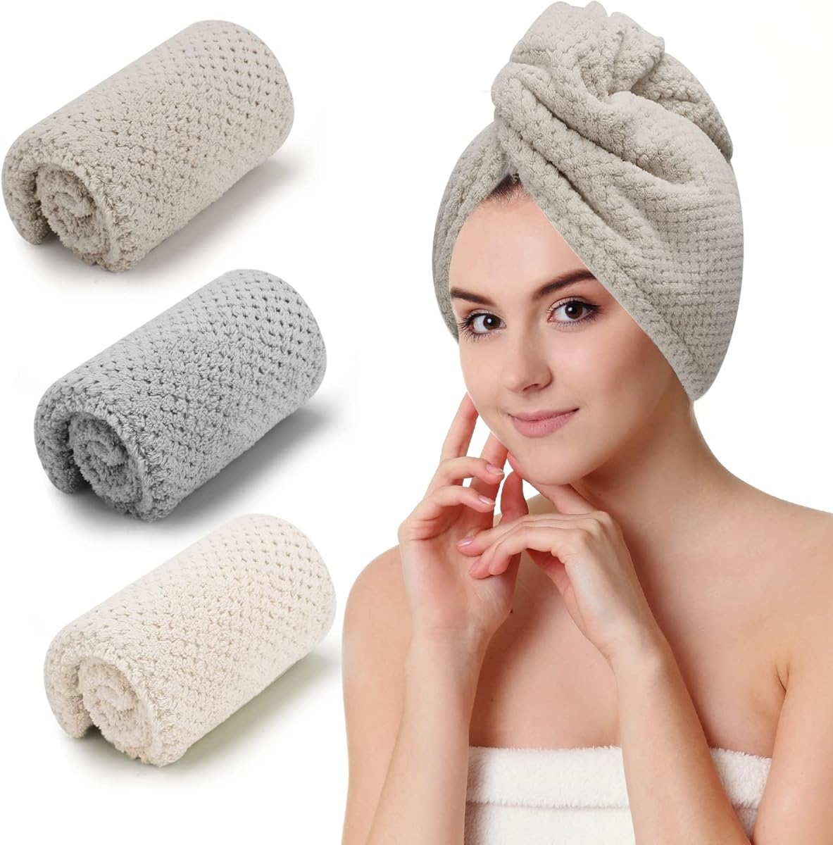 3 PCS Microfiber Hair Towel - Wraps for Wet Hair, Anti Frizz Turbans, for Curly Hair (Beige, Khaki, Grey)