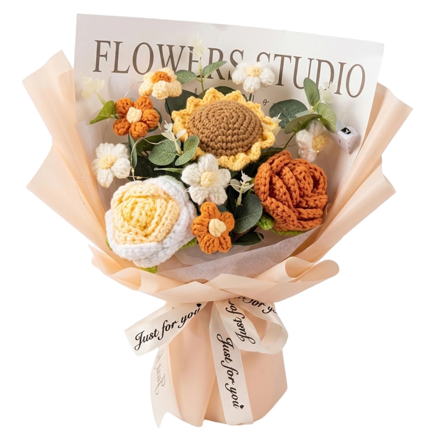 Uanqfegy Crochet Flower Bouquet - Knitted Roses & Tulips, Long-Lasting Bouquet for Birthday Mother Teacher Home Decor, Champagne