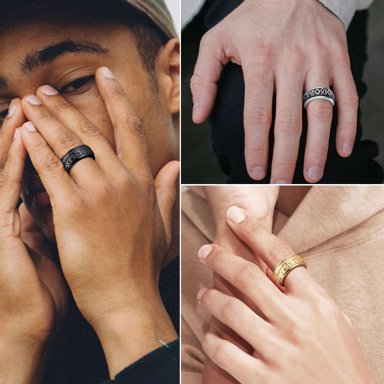 FindChic Anillos Hombre Antiestrés Spinner de Acero Inoxidable Runas Vikingas Letras Nórdicas Anillo Anti Estrés Color Plata/Dorad/Negro Talla 14.5-32.5 Regalos para Hombre - 3