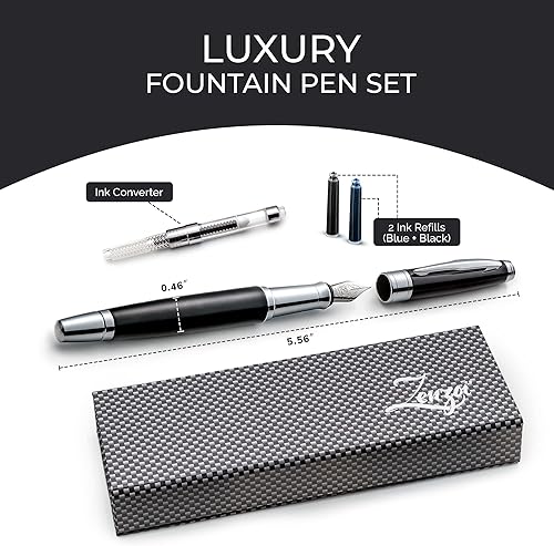 Vista 3 de ZenZoi Pluma estilográfica de punta fina – Pluma estilográfica negra de alta calidad para hombres y mujeres. Punta fina Schmidt alemana de alta Negro