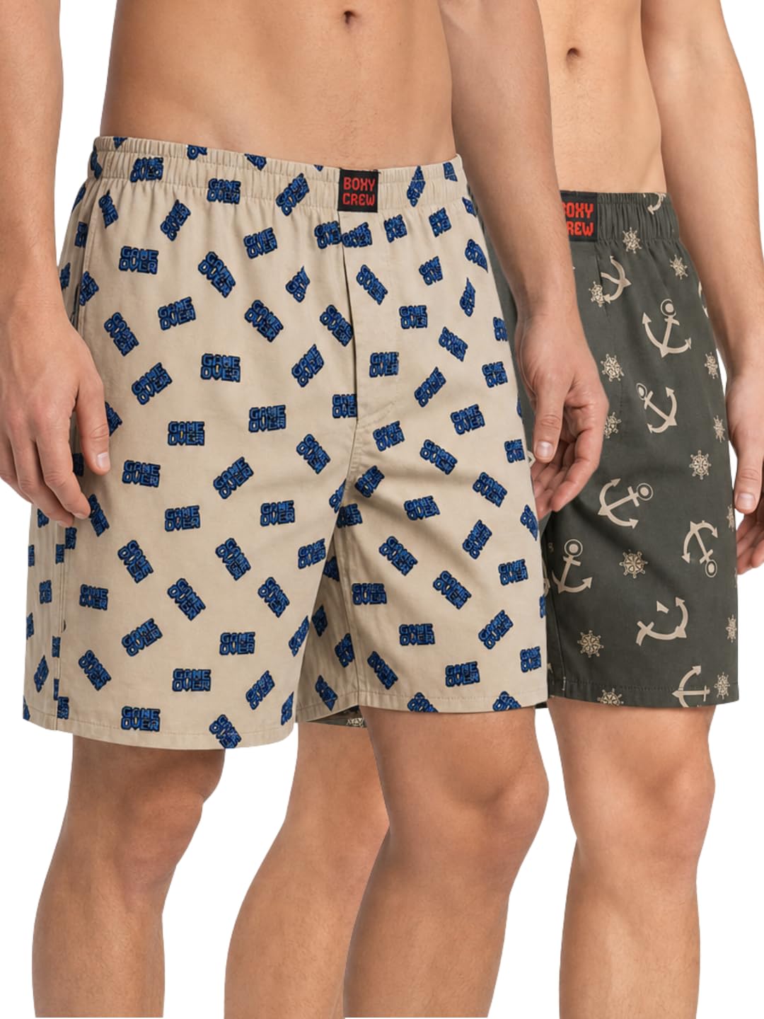 Men's 100% Cotton Printed Boxer Shorts Pack of 2 with Dual Side Pockets and Fabric-Covered Waistband - Beige/Olive, Styles MBX019, MBX020-picture-12