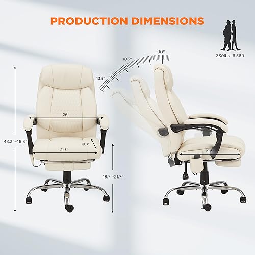 Miniatura 3 de HOMREST Silla de oficina de masaje de 4 puntos, sillas ejecutivas de calefacción con reposapiés, silla de oficina de cuero reclinable con