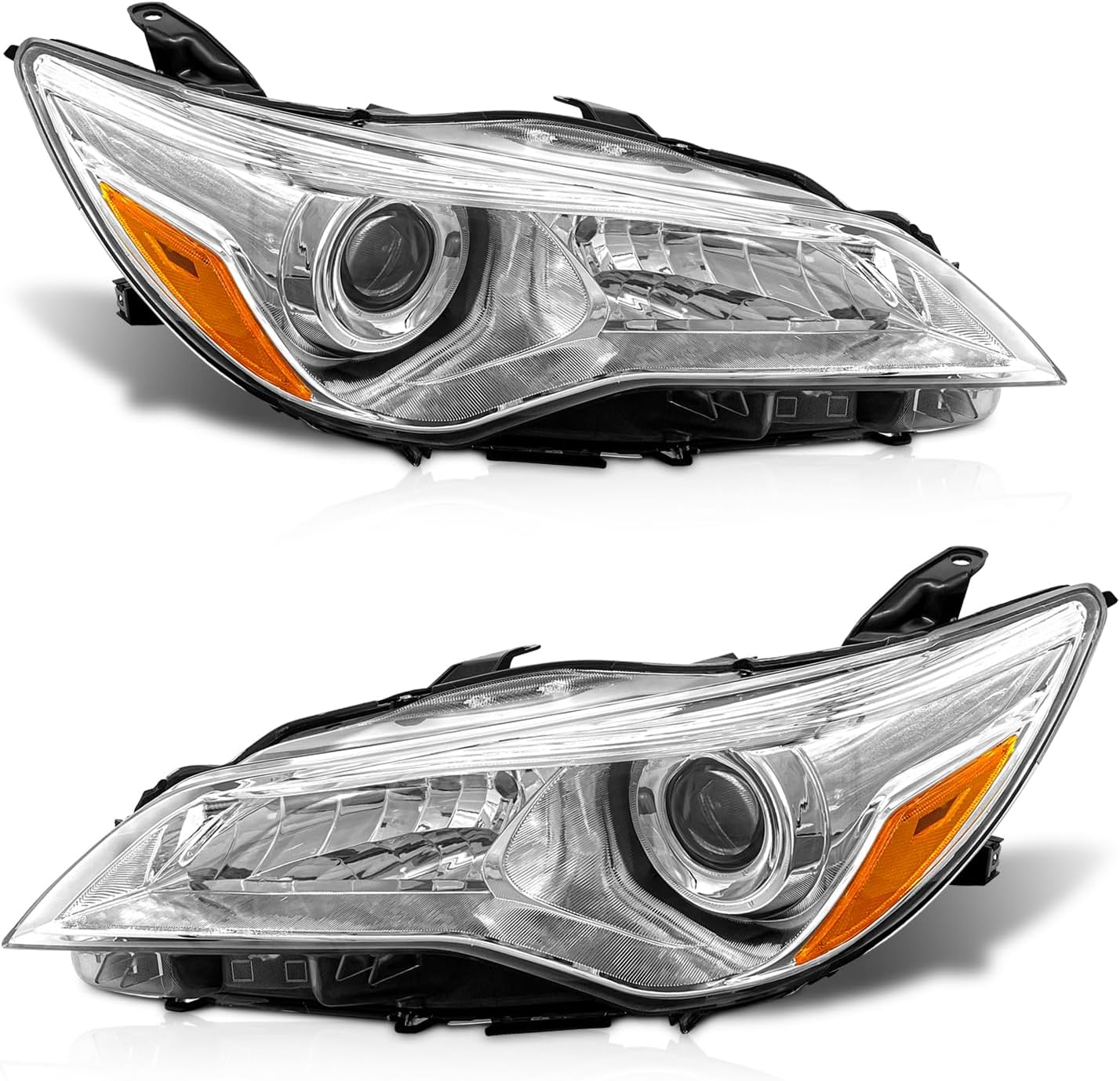 Fit 2015-2017 Toyota Camry Headlights Assembly for 15-17 Camry Chrome Housing Headlamp with Clear Lens Reflector Replacement Driver+Passenger Side(Bulbs not included)